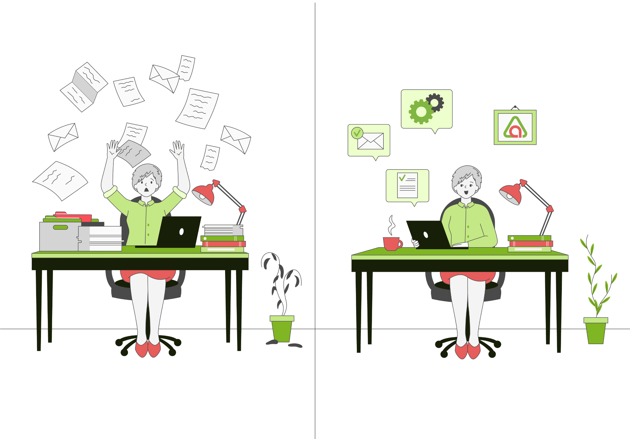 Split illustration showing a stressed solopreneur buried in paperwork next to a calm, organized desk using AI automation