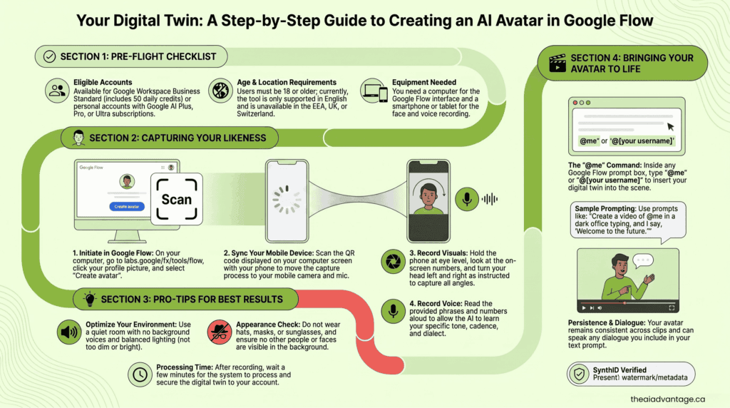 Step-by-step infographic for creating an AI avatar in Google Flow, covering account requirements, face and voice recording, and using the avatar in a prompt