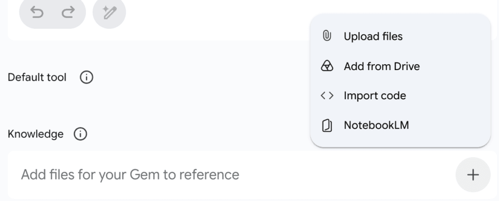 A screenshot showing knowledge base sources for a Gemini Gem