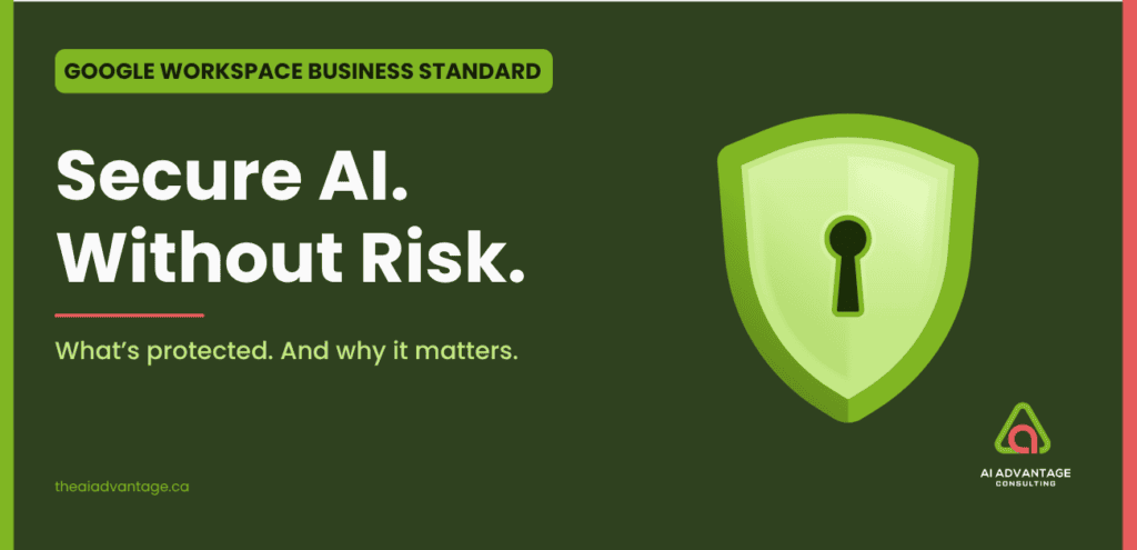 Dark green featured image with shield reading 'Secure AI. Without Risk.' for a Google Workspace Business Standard blog post
