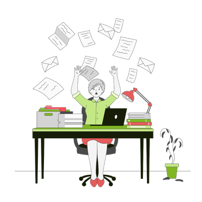 A woman at her desk, overwhelmed by everything arriving at once