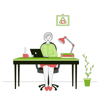 A woman working calmly at a clear desk