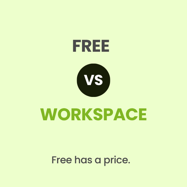 The words FREE and WORKSPACE separated by a vs marker, above the line Free has a price. Comparing a free Google account with a paid Google Workspace account.