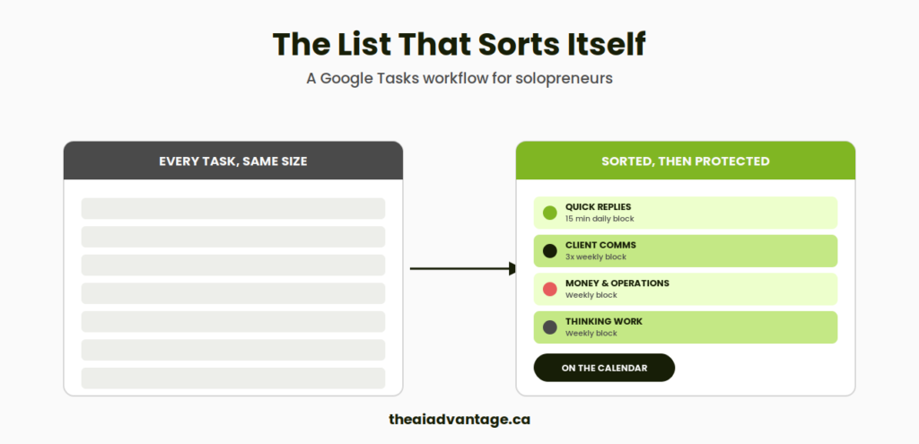 Before and after comparison showing an unsorted Google Tasks list transformed into four categorized work types protected by Google Calendar blocks.
