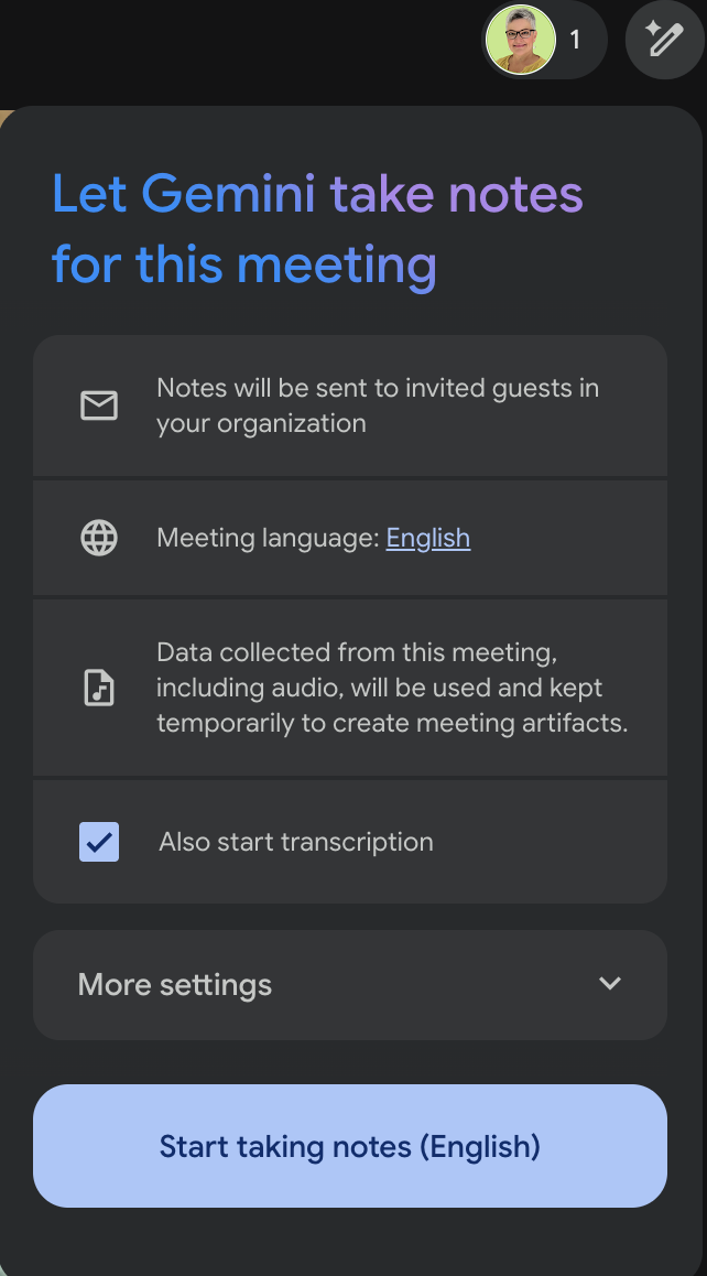 Meet in-call Gemini notes panel