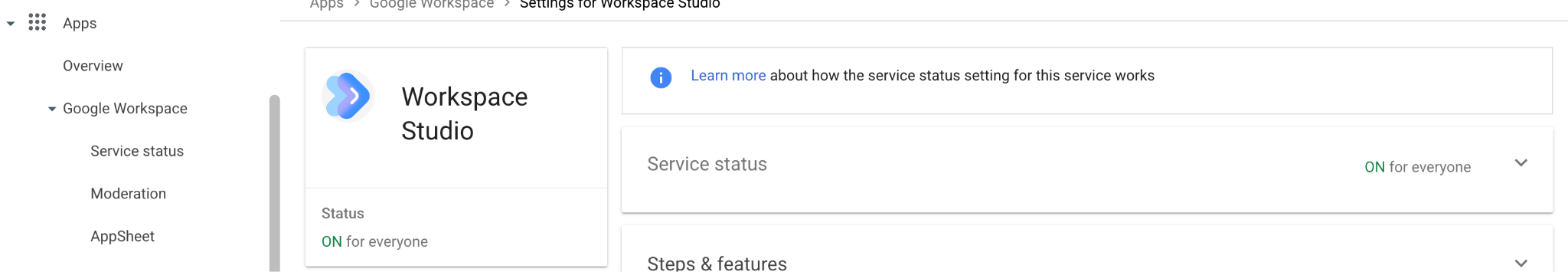 Apps → Google Workspace → Workspace Studio.