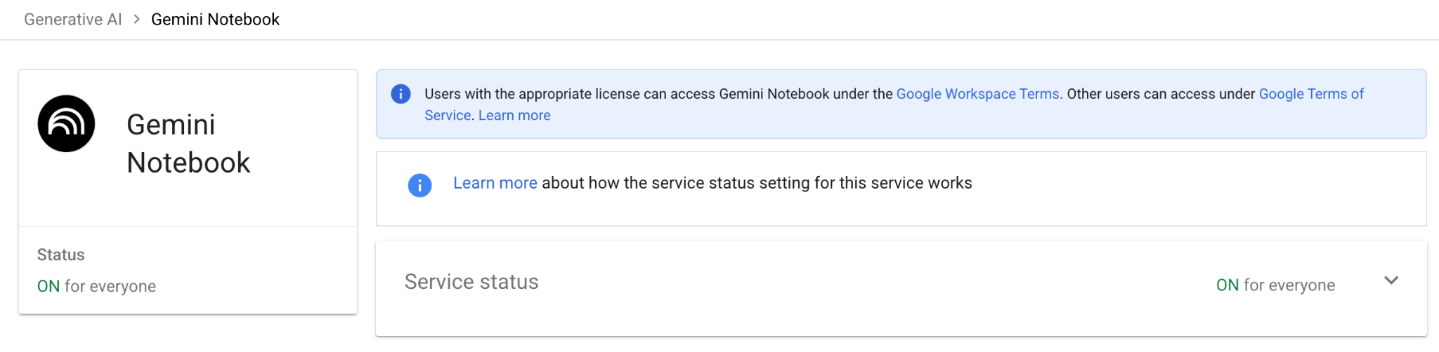 Generative AI → Gemini Notebook → Service status.