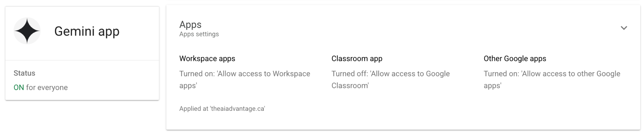 Gemini app → Apps. Workspace apps is the one that matters.