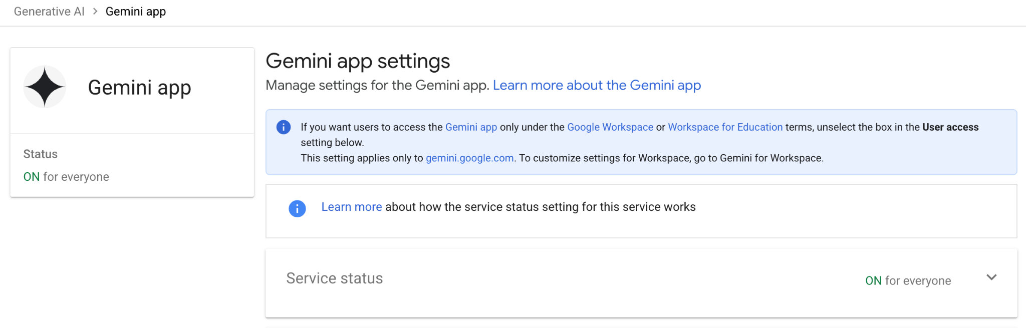 Generative AI → Gemini app → Service status.