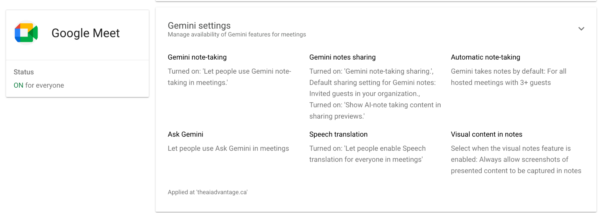 Apps → Google Workspace → Google Meet → Gemini settings.