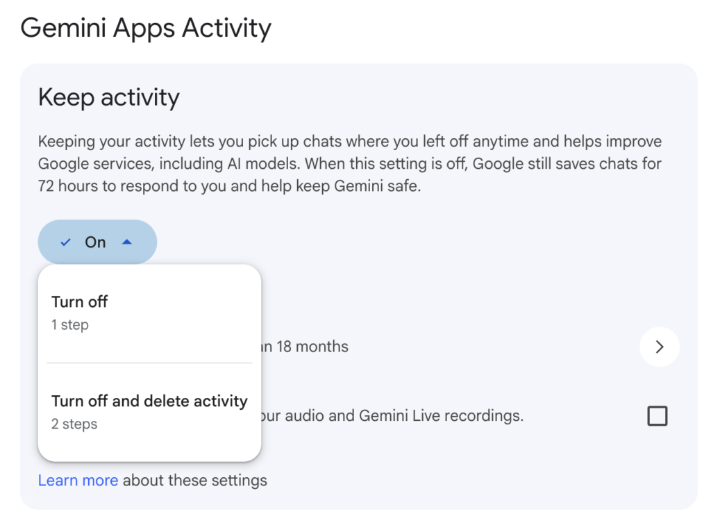 A screenshot showing how to turn off gemini apps activity 