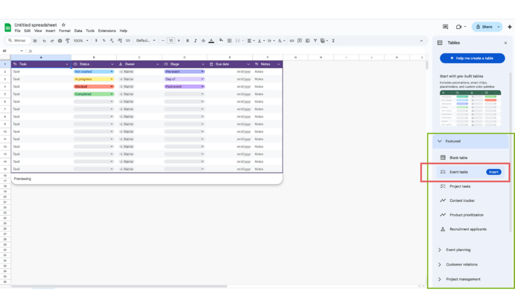 Google Sheets Table Templates