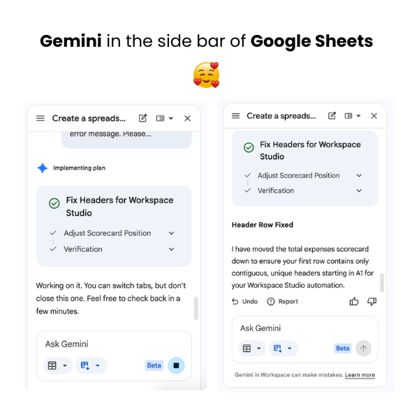 Gemini AI sidebar in Google Sheets automatically fixing spreadsheet headers for Workspace Studio compatibility