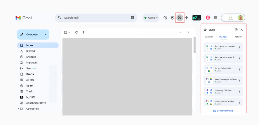 A screenshot showing how to access Workspace Studio in the side bar of Gmail. 