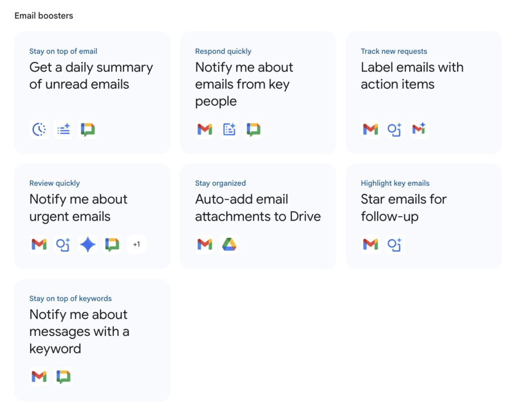 Google Workspace Studio Email Boosters templates including daily email summary, urgent email notifications, and auto-add attachments to Drive