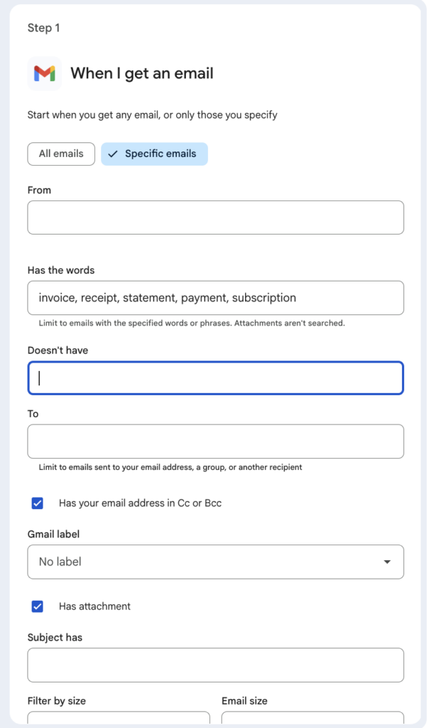 Google Workspace Studio email starter settings showing Has the words field with invoice receipt statement payment subscription keywords and Has attachment checkbox