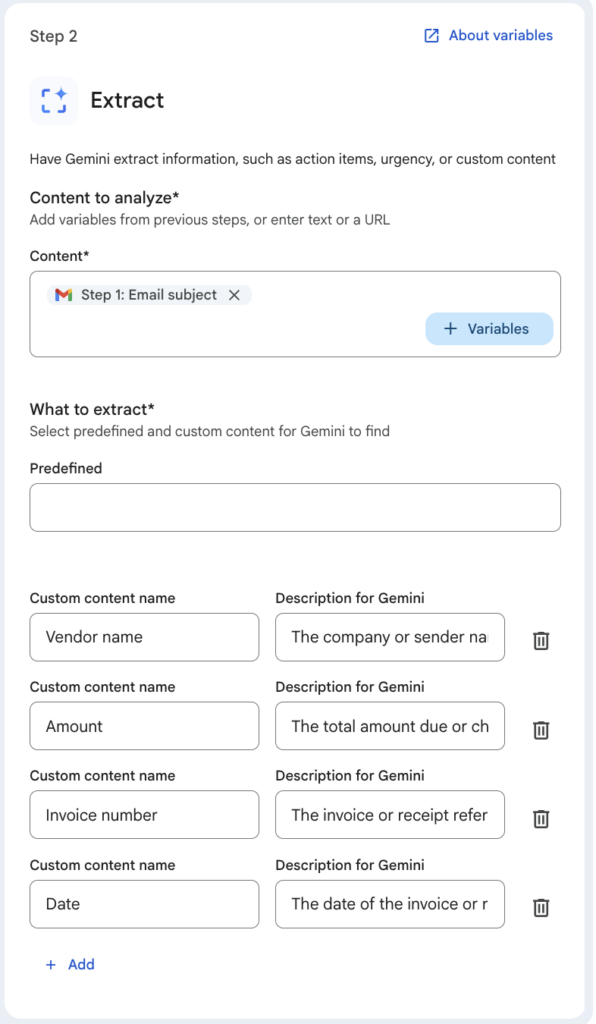 Google Workspace Studio Extract step showing Gemini custom extraction fields for Vendor Name Amount Invoice Number and Date