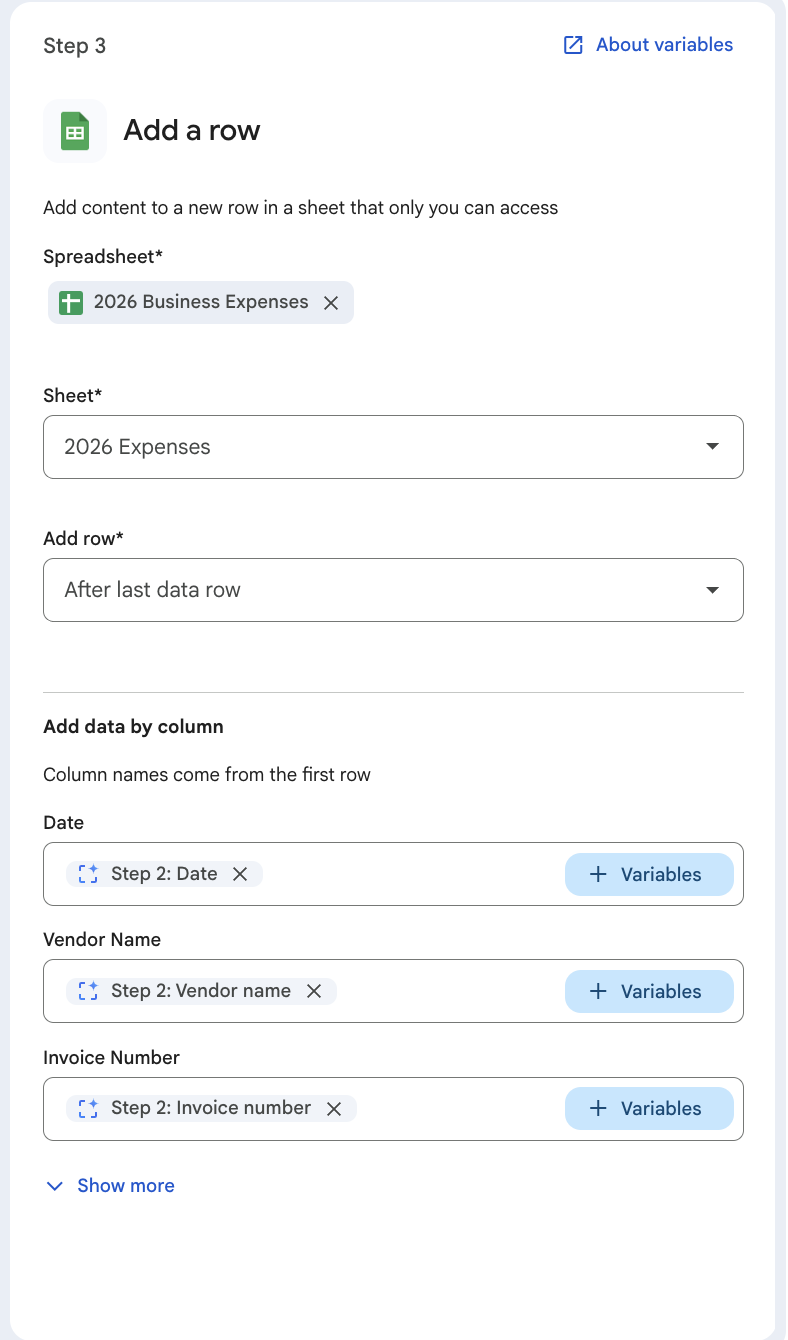 Google Workspace Studio Add a row step showing expense tracker columns mapped to Gemini extracted variables"