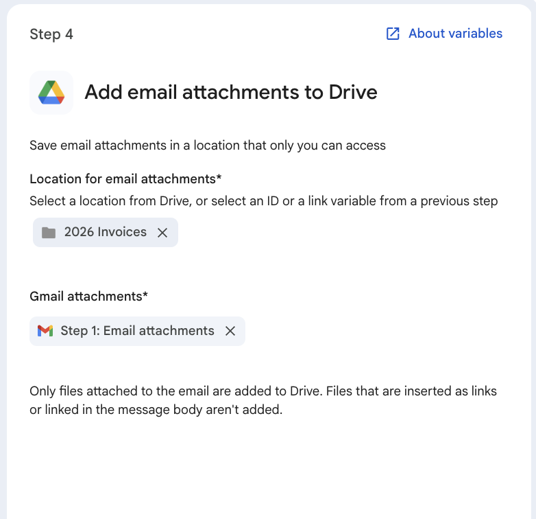 Google Workspace Studio Add email attachments to Drive step with 2026 Invoices folder selected