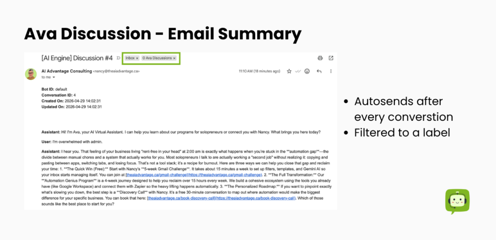 A screenshot of the email summary of a chatbot conversation on the AI Advantage Consulting site