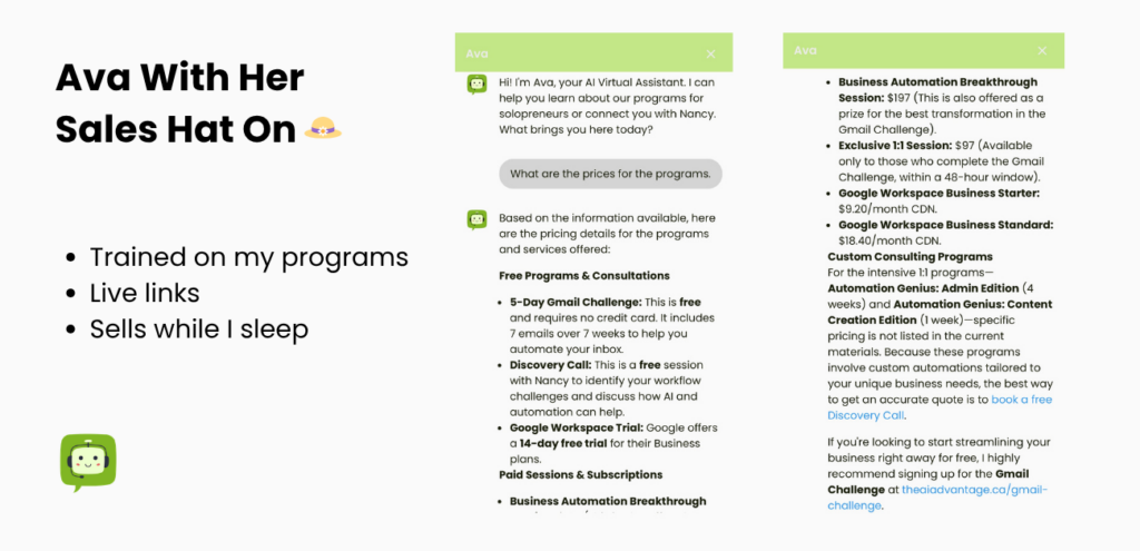 A screenshot of AI Advantage Consulting chatbot as a Sales Agent - conversation