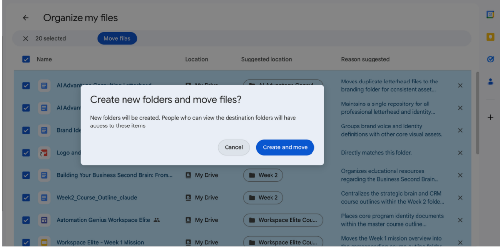 Google Drive confirmation popup asking Create new folders and move files? with Cancel and Create and move buttons