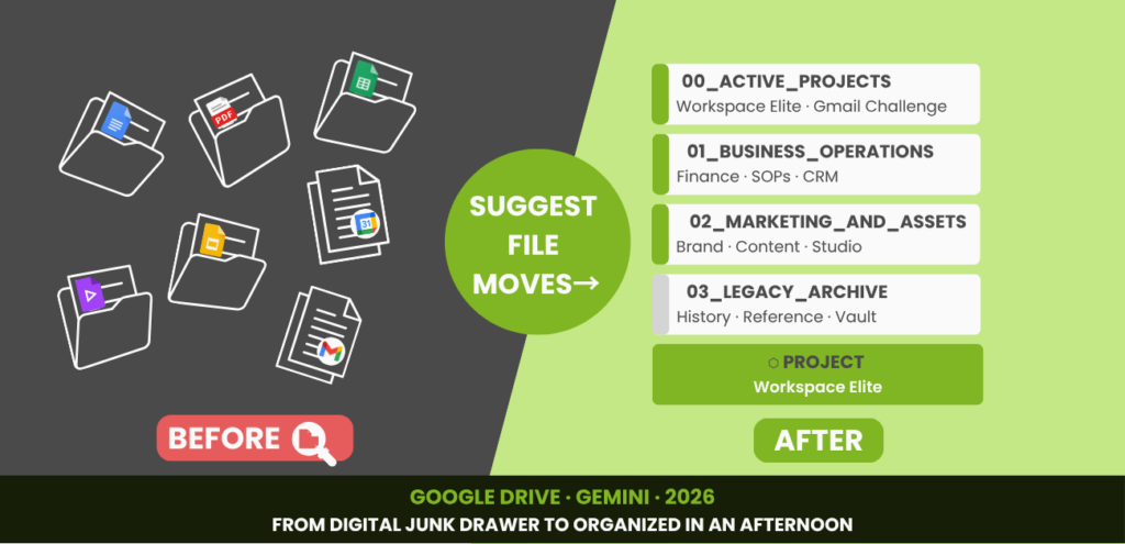 Split graphic showing a before and after comparison of Google Drive organization. Left side shows chaotic scattered files on a warm background labelled Before in coral. Centre shows a green Suggest file moves button as the turning point. Right side shows a clean Bento Box folder structure on a light green background with four labelled folders and a Workspace Elite project pill, labelled After in green. Blog title overlaid on a dark bottom bar reads: From Digital Junk Drawer to Organized in an Afternoon.