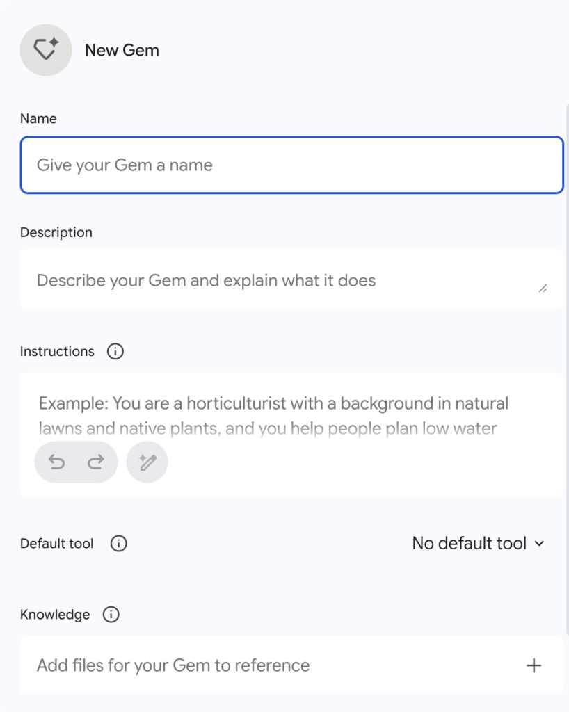 A screenshot showing the builder interface inside the Gem Manager for Gemini