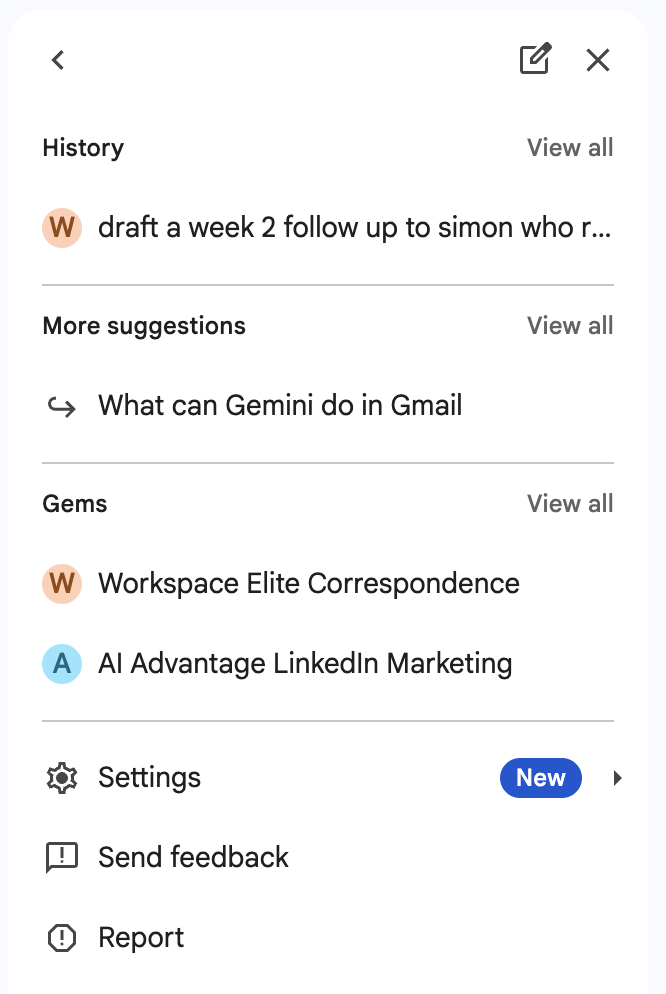 more options in the gemini side panel in gmail