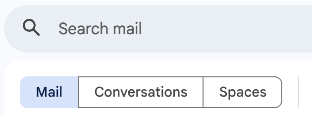 A screenshot showing the search bar in Gmail with Mail, Conversations and Spaces filters.