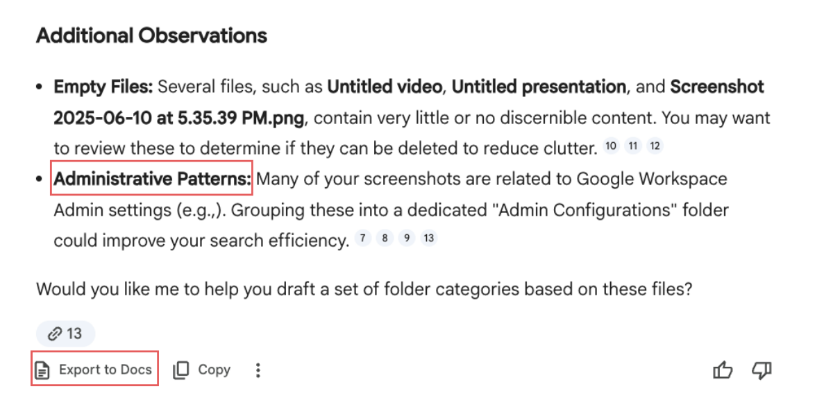 Gemini Additional Observations panel from the file renaming prompt — flagging empty files with no discernible content and noting that multiple Admin screenshots could be grouped into a dedicated Admin Configurations folder to improve search efficiency.