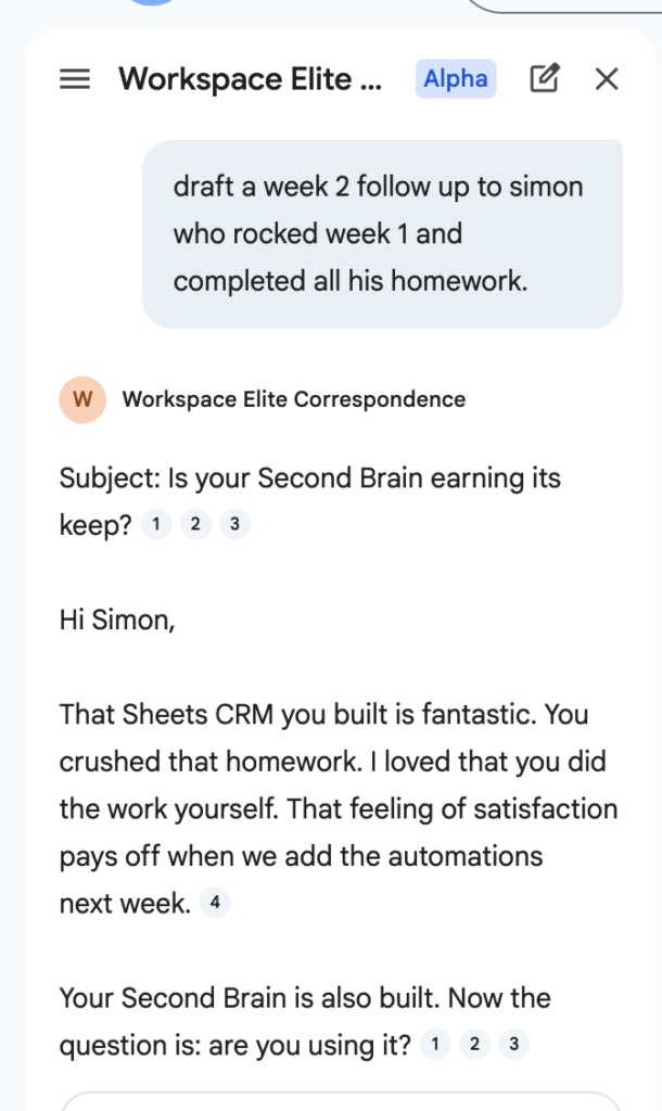 a screenshot showing a response from a gem in the gmail side panel