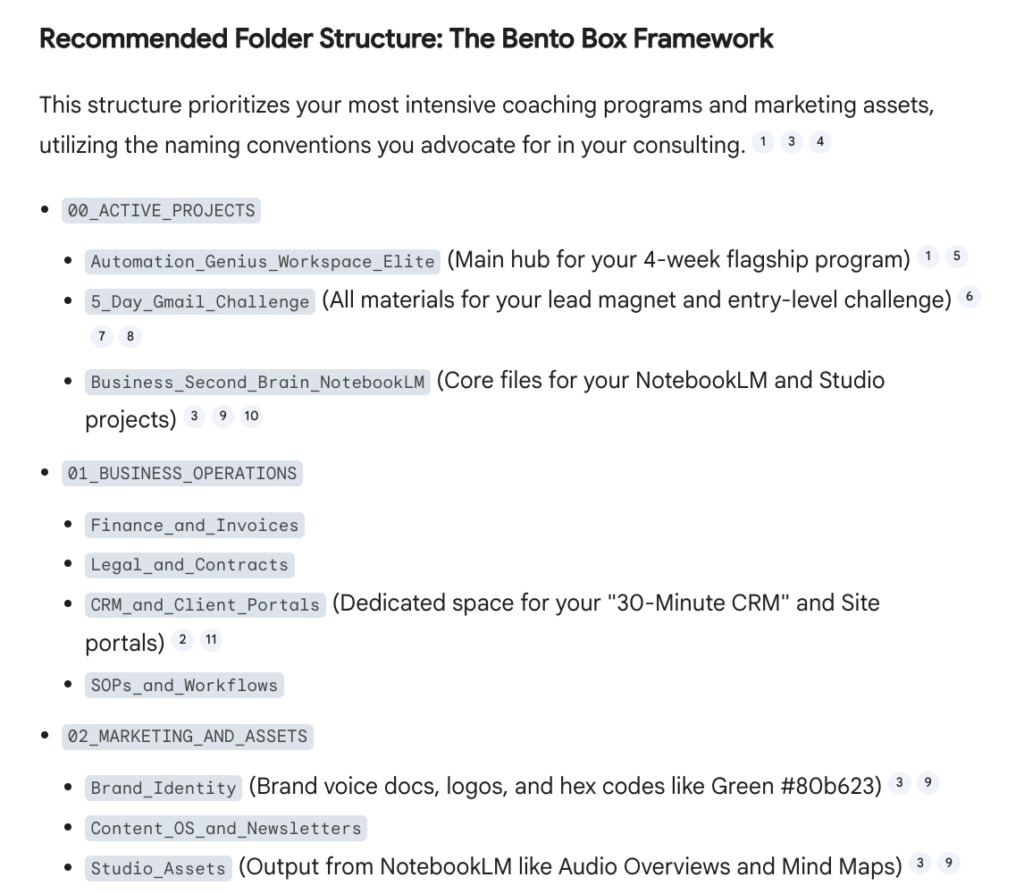 Gemini in Google Drive returning a custom Bento Box folder structure for AI Advantage Consulting — showing 00_Active_Projects, 01_Business_Operations, and 02_Marketing_and_Assets folders with subfolders named after my actual programs, clients, and tools