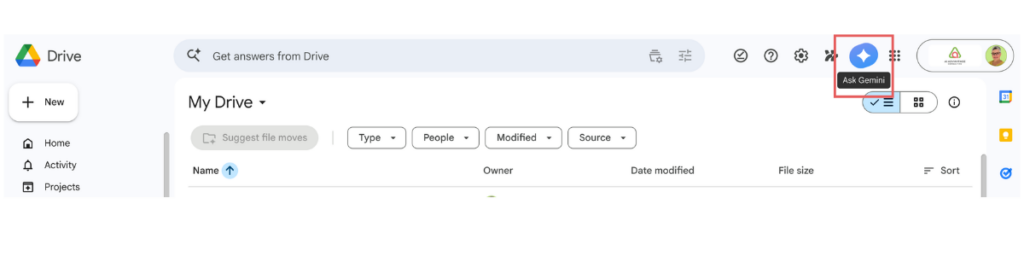 Google Drive My Drive view showing the Ask Gemini sparkle icon in the top right toolbar — click this to launch the full Gemini AI dashboard