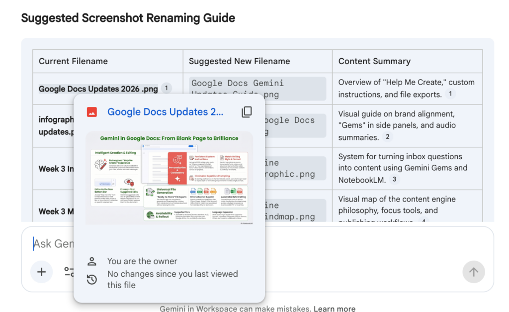 Gemini Suggested Screenshot Renaming Guide — a table showing Current Filename, Suggested New Filename, and Content Summary for generic screenshots, with a hover preview of the Google Docs Updates 2026 infographic visible