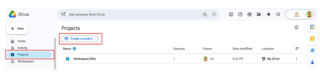 Google Drive left sidebar showing the Projects option selected with the Create a project button visible — the entry point for creating a new project directly from My Drive without going through the Gemini dashboard.