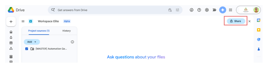 Google Drive Workspace Elite Alpha project open in the Gemini dashboard — showing the Share button replacing the Save as a project button, with one project source listed and the Ask Gemini prompt bar ready.