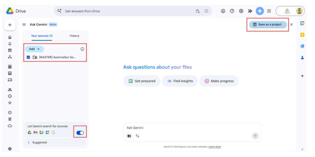 Gemini Ask Gemini Alpha dashboard showing one source added — the Master Automation Genius folder — with the Save as a project button highlighted in the top right and Let Gemini search for sources toggle turned on.