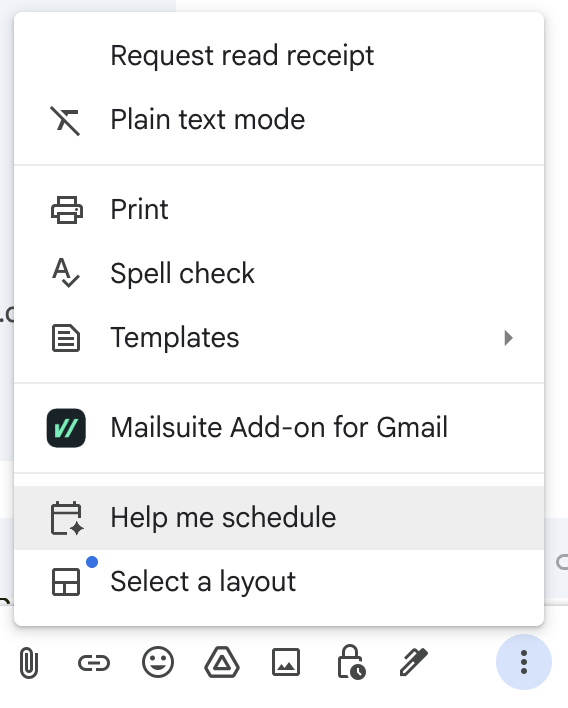 A screenshot showing were to locate the help me schedule feature in Gmail.