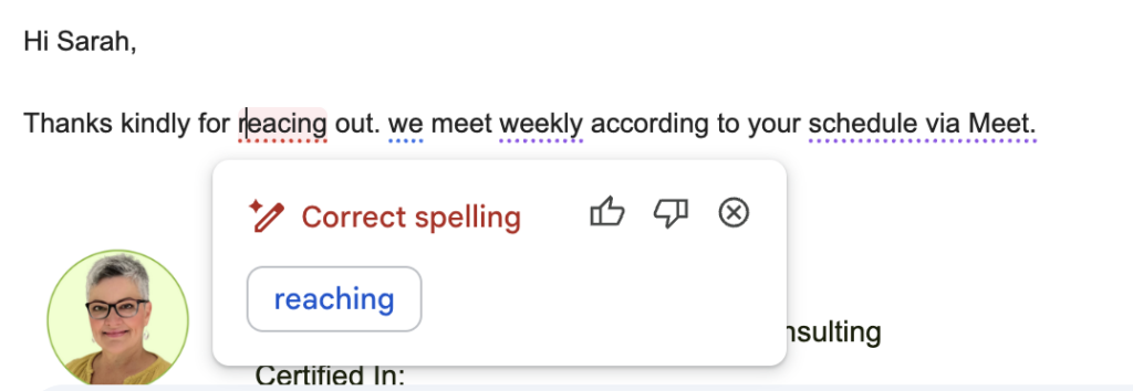 A screenshot showing how to correct spelling in gmail.