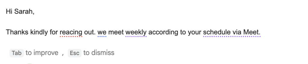 A screenshot showing the proofreading functions with gemini in gmail.