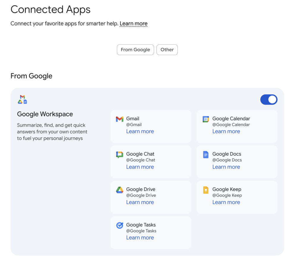 A screenshot showing how to connect your workspace apps in gemini.