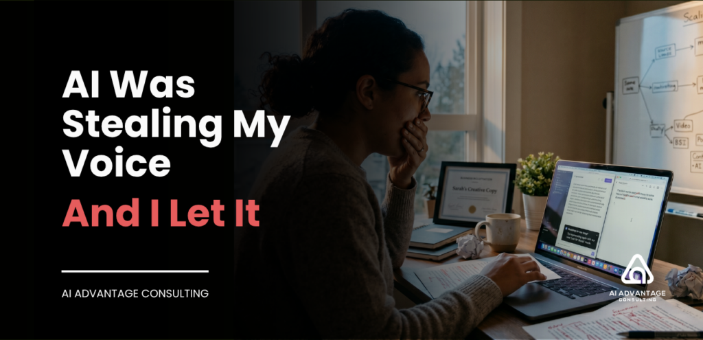 Solopreneur blogger reflecting on how AI writing tools silently eroded her authentic voice — AI Advantage Consulting