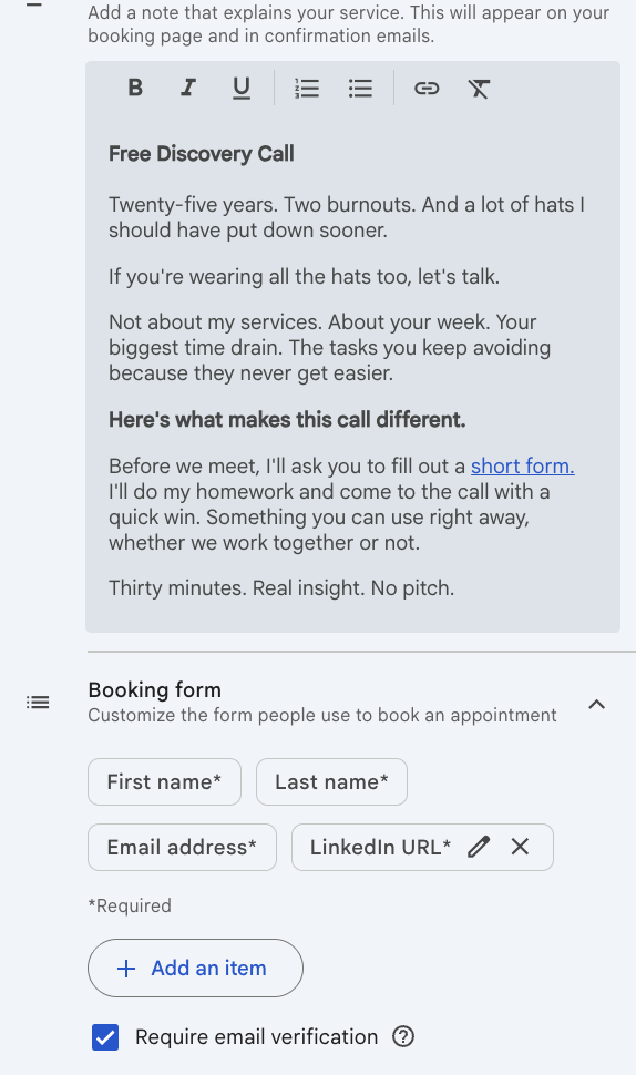 Booking page description field with formatted text and a hyperlink, above a booking form showing custom fields including LinkedIn URL