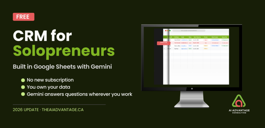 Free CRM for solopreneurs built in Google Sheets using Gemini AI — 18-column template with Smart Chips and automatic follow-up alerts