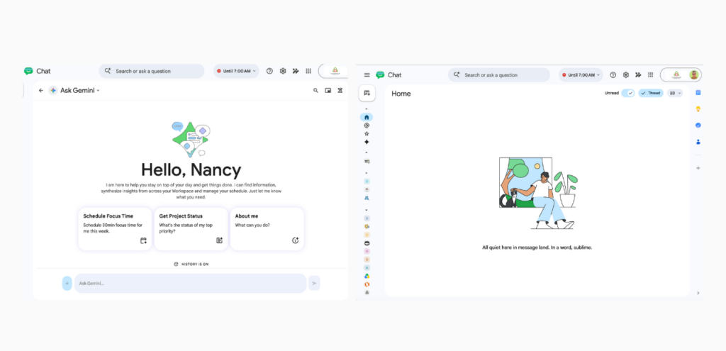 Two Google Chat views side by side: the Ask Gemini "Hello, Nancy" panel on the left, and the Home view showing "All quiet here in message land. In a word, sublime." on the right — demonstrating the distraction-free solopreneur setup inside Google Chat in 2026.