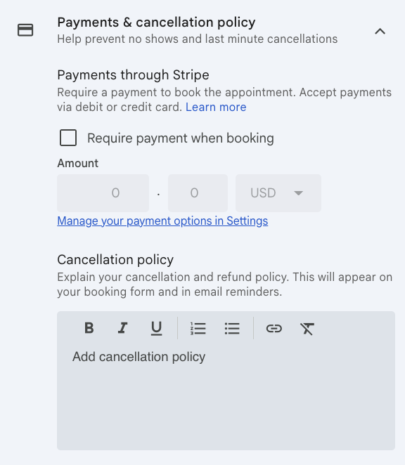 Google Booking Pages payment settings showing Stripe payment option and a cancellation policy text field