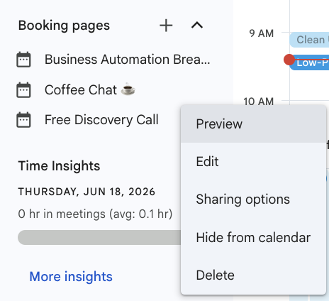 Right-click menu on a Google Calendar booking page showing Preview, Edit, Sharing options, Hide from calendar, and Delete