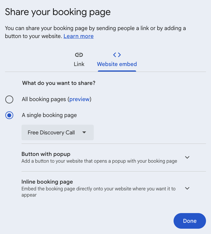Google Booking Pages website embed options showing Button with popup and Inline booking page choices