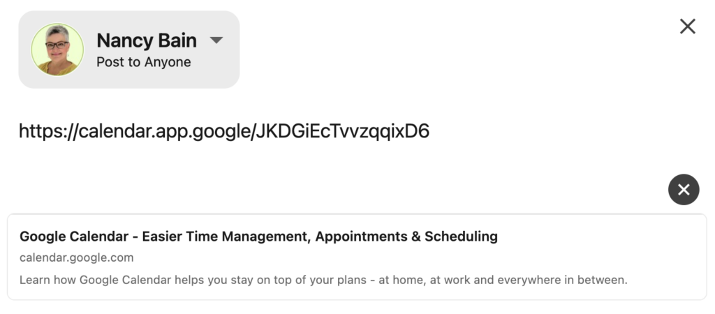 LinkedIn message composer showing a pasted Google Calendar booking link generating a generic Google Calendar link preview
